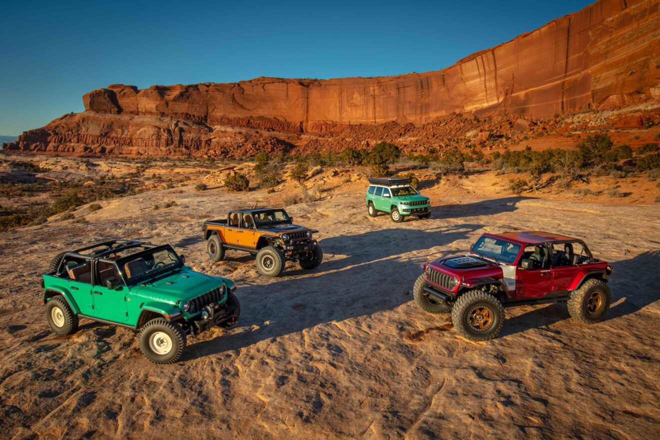 2024 Easter Jeep Safari Concepts (clockwise, left to right): Jeep® Willys Dispatcher Concept, Jeep® Gladiator Rubicon High Top Concept, Jeep® Vacationeer Concept, Jeep® Low Down Concept